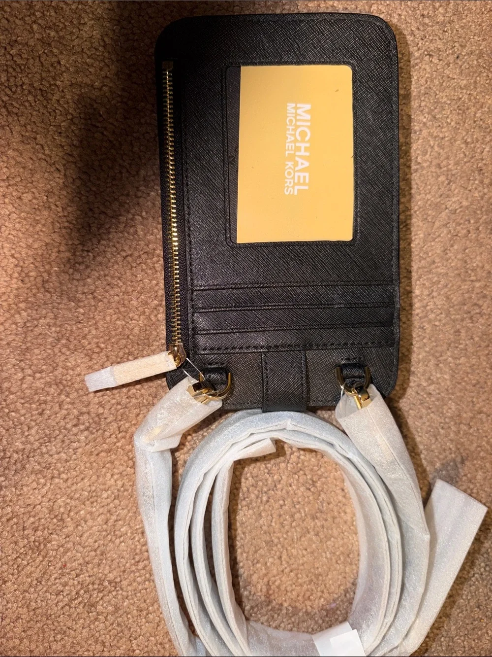 Michael Kors Black Leather Card Wallet Crossbody with Gold Hardware